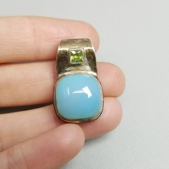 Vintage Sterling Silver Blue Glass Cabochon Slide Pendant, 925 Estate - Picture 8 of 9